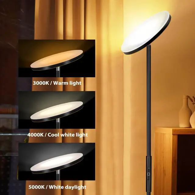 Alt view image 5 of 7 - Floor Lamp,30W/2400LM Sky LED Modern Torchiere 3 Color Temperatures Super Bright Lamps-Tall Standing Pole Light with Remote & Touch Control for Living Room,Bed Room,Office (Black-Gold) by DT