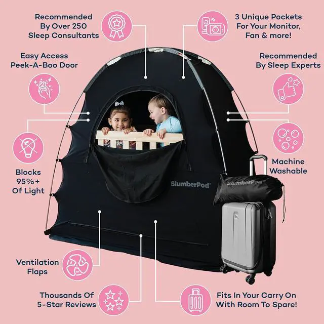 Alt view image 4 of 7 - The Original Blackout Sleep Tent Travel Essential for Babies and Toddlers, Mini Crib Pack N Play Cover, Pod Kids with Monitor Pouch Fan Pouch, Blocks 95%+ Light, Black by DT