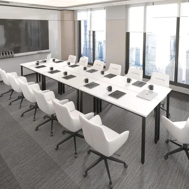 Alt view image 5 of 6 - Conference Tables 14ft Office Computer Desk for Meeting Room Study Writing Printer Table 16 People Rustic Modern White 6PCS (165.3"x47.2"x29.5") by DT