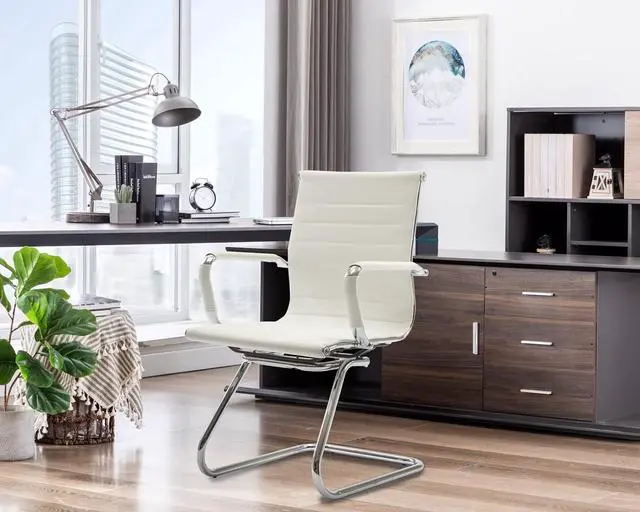 Alt view image 2 of 7 - Waiting Room Chairs Leather Office Guest Chair Mid Back Reception with Sled Base for Meeting/Patient/Conference Room, White Set of 4 by DT