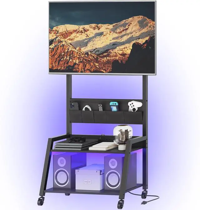 Main image of Rolling TV Stand with Power Outlet, Mobile LED Light Up to 55" TVs, Cart Mount, 5 Oxford Fabric Pouches, for Living Room, Meeting Black DS01UDBB by DT