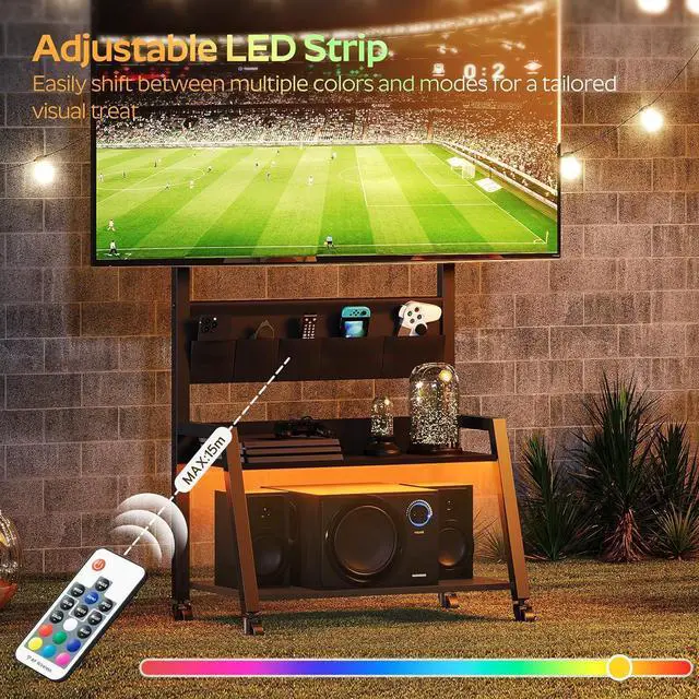 Alt view image 2 of 7 - Rolling TV Stand with Power Outlet, Mobile LED Light Up to 55" TVs, Cart Mount, 5 Oxford Fabric Pouches, for Living Room, Meeting Black DS01UDBB by DT