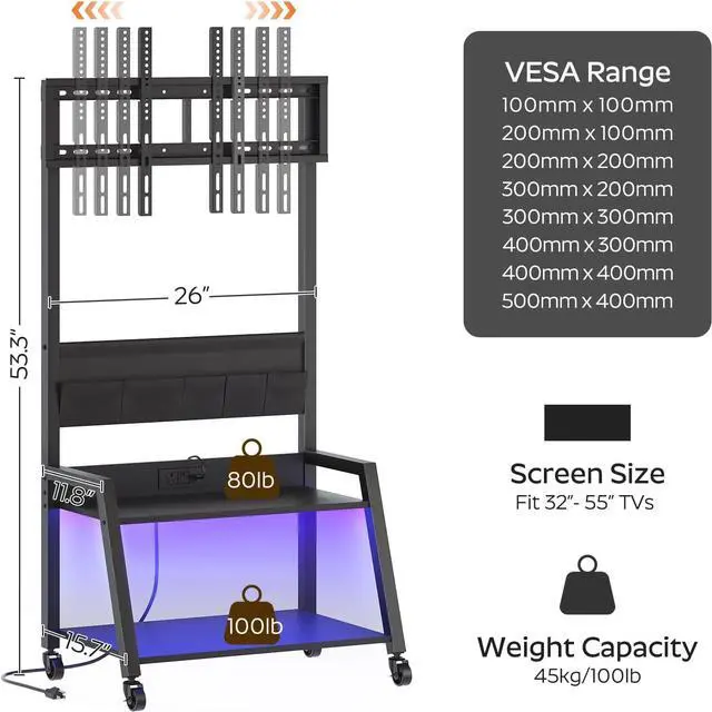 Alt view image 5 of 7 - Rolling TV Stand with Power Outlet, Mobile LED Light Up to 55" TVs, Cart Mount, 5 Oxford Fabric Pouches, for Living Room, Meeting Black DS01UDBB by DT