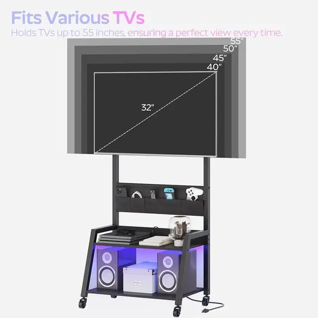 Alt view image 6 of 7 - Rolling TV Stand with Power Outlet, Mobile LED Light Up to 55" TVs, Cart Mount, 5 Oxford Fabric Pouches, for Living Room, Meeting Black DS01UDBB by DT
