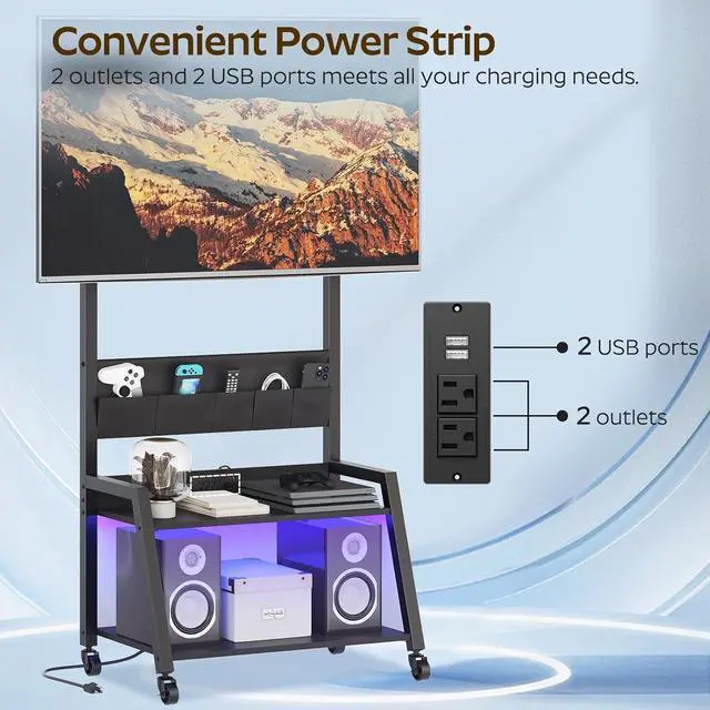 Alt view image 4 of 7 - Rolling TV Stand with Power Outlet, Mobile LED Light Up to 55" TVs, Cart Mount, 5 Oxford Fabric Pouches, for Living Room, Meeting Black DS01UDBB by DT