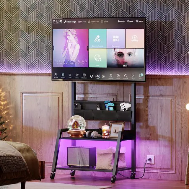 Alt view image 3 of 7 - Rolling TV Stand with Power Outlet, Mobile LED Light Up to 55" TVs, Cart Mount, 5 Oxford Fabric Pouches, for Living Room, Meeting Black DS01UDBB by DT