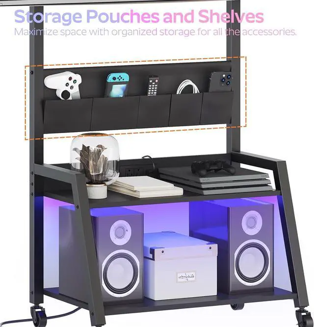Alt view image 7 of 7 - Rolling TV Stand with Power Outlet, Mobile LED Light Up to 55" TVs, Cart Mount, 5 Oxford Fabric Pouches, for Living Room, Meeting Black DS01UDBB by DT