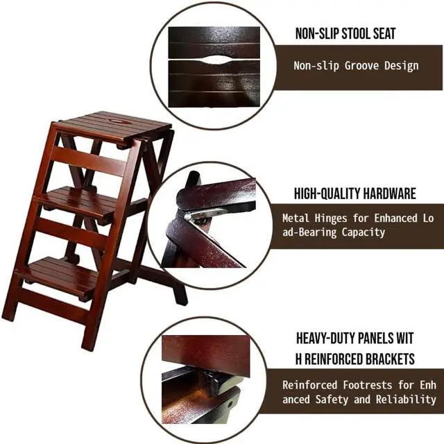 Alt view image 4 of 7 - 3 Step Stool Wooden Folding Ladder Chair Thickened Library Stair Portable Light Garden Tool Maximum Load 337bl by DT