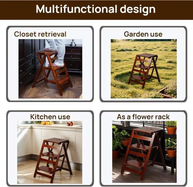 Alt view image 5 of 7 - 3 Step Stool Wooden Folding Ladder Chair Thickened Library Stair Portable Light Garden Tool Maximum Load 337bl by DT