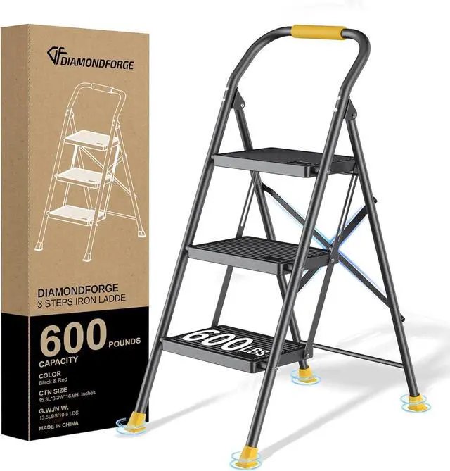 Main image of Step Ladder Foldable Folding Stool - for Home Adults Kitchen 3 Stepping Extension Tall Heavy Duty with Handrails Closet Stepstool Stair Ladders Extendable Stepladder Indoor House 600Lbs by DT