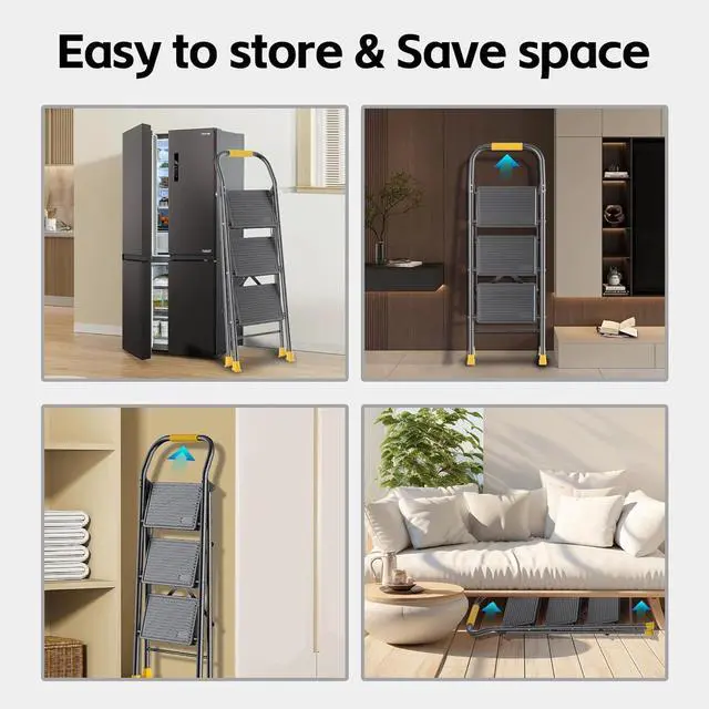 Alt view image 3 of 4 - Step Ladder Foldable Folding Stool - for Home Adults Kitchen 3 Stepping Extension Tall Heavy Duty with Handrails Closet Stepstool Stair Ladders Extendable Stepladder Indoor House 600Lbs by DT