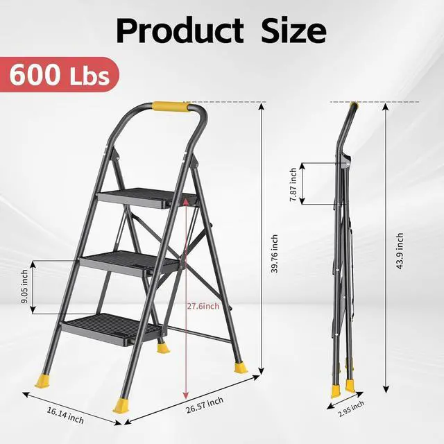 Alt view image 4 of 4 - Step Ladder Foldable Folding Stool - for Home Adults Kitchen 3 Stepping Extension Tall Heavy Duty with Handrails Closet Stepstool Stair Ladders Extendable Stepladder Indoor House 600Lbs by DT