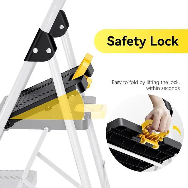Alt view image 3 of 7 - 4 Step Folding Ladder, 800lbs Capacity Stool with Safety Lock, Non-Skid Wide Pedals, and Handrail, Lightweight, Household Ladder for Home, Kitchen, Pantry, Closets, Office Use, White by DT