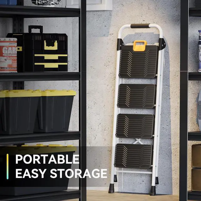 Alt view image 6 of 7 - 4 Step Folding Ladder, 800lbs Capacity Stool with Safety Lock, Non-Skid Wide Pedals, and Handrail, Lightweight, Household Ladder for Home, Kitchen, Pantry, Closets, Office Use, White by DT