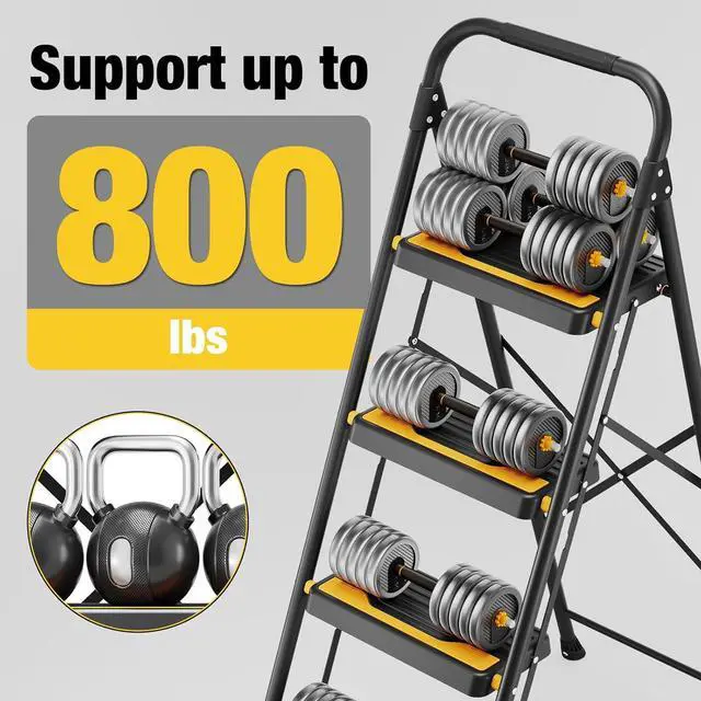 Alt view image 4 of 7 - 4 Step Ladder, Heavy-Duty 800lb Capacity, Wide Anti-Slip Steps & Secure Handrail Compact, Folding Stool Portable Design for Home, Kitchen, Office, Pantry, Closet Use, Black by DT