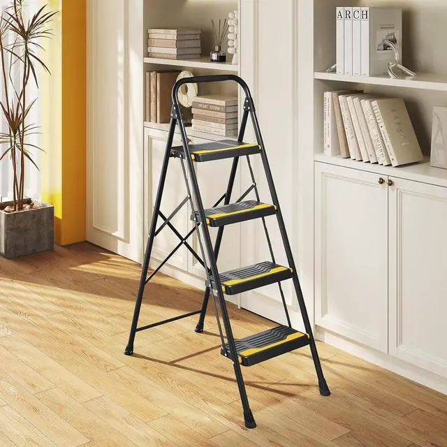 Alt view image 7 of 7 - 4 Step Ladder, Heavy-Duty 800lb Capacity, Wide Anti-Slip Steps & Secure Handrail Compact, Folding Stool Portable Design for Home, Kitchen, Office, Pantry, Closet Use, Black by DT