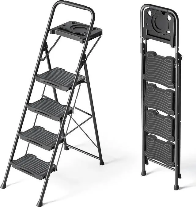 Main image of 4 Step Ladder with Tool Platform, Sturdy Stool, Anti-Slip Wide Pedals, Handrail, Foldable Ladder, Pass 900LBS Testing, Multi-Use for Home, Garage, Garden, Painting, Black by DT