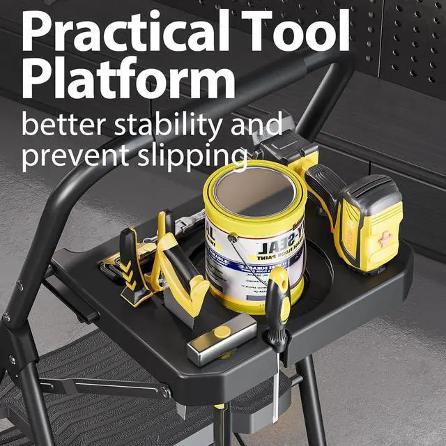 Alt view image 2 of 7 - 4 Step Ladder with Tool Platform, Sturdy Stool, Anti-Slip Wide Pedals, Handrail, Foldable Ladder, Pass 900LBS Testing, Multi-Use for Home, Garage, Garden, Painting, Black by DT