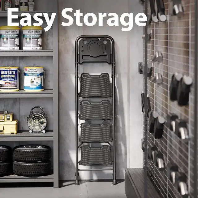 Alt view image 6 of 7 - 4 Step Ladder with Tool Platform, Sturdy Stool, Anti-Slip Wide Pedals, Handrail, Foldable Ladder, Pass 900LBS Testing, Multi-Use for Home, Garage, Garden, Painting, Black by DT