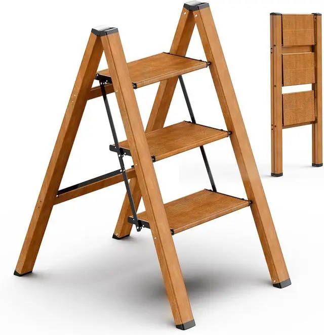 Main image of 3 Step Ladder, Folding Step Stool with Anti-Slip Wide Sturdy Pedal and Handgrip, Multi-Use for Home and Kitchen Use, Space Saving-Woodgrain(300 lbs Capacity)