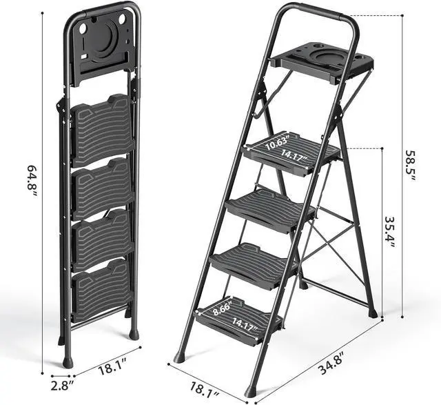 Alt view image 7 of 7 - 4 Step Ladder with Tool Platform, Sturdy Stool, Anti-Slip Wide Pedals, Handrail, Foldable Ladder, Pass 900LBS Testing, Multi-Use for Home, Garage, Garden, Painting, Black by DT
