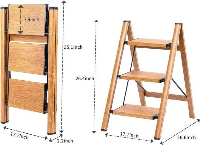 Alt view image 5 of 7 - 3 Step Ladder, Folding Step Stool with Anti-Slip Wide Sturdy Pedal and Handgrip, Multi-Use for Home and Kitchen Use, Space Saving-Woodgrain(300 lbs Capacity)