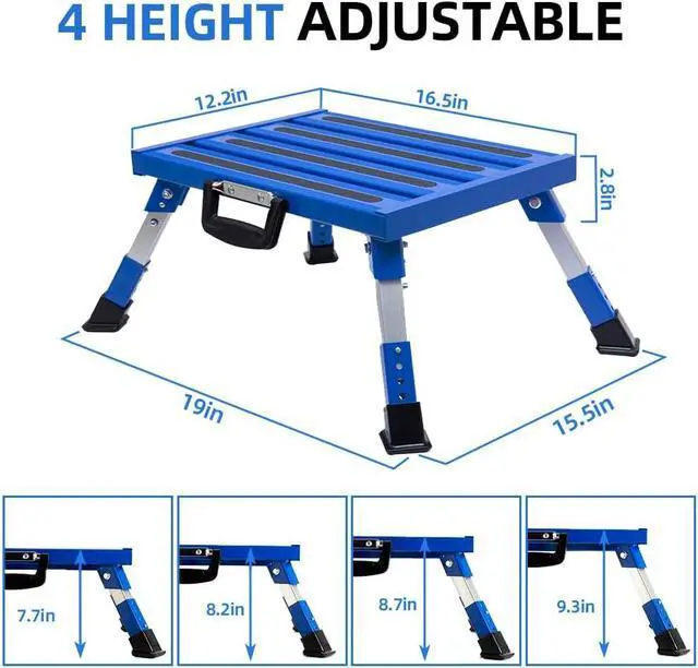 Alt view image 2 of 6 - Anium RV Steps Adjustable Folding Step Stool with Non-Slip Rubber Feet, Stable Platform Supports 1000bs, Safety Strips, Handle, Easy Carry, Outdoor Camper Trailer Travel - Blue by DT