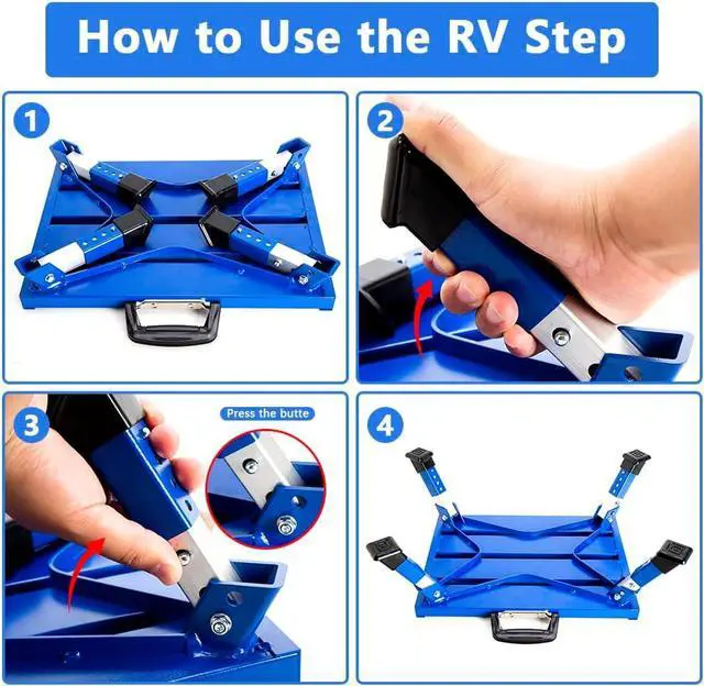 Alt view image 5 of 6 - Anium RV Steps Adjustable Folding Step Stool with Non-Slip Rubber Feet, Stable Platform Supports 1000bs, Safety Strips, Handle, Easy Carry, Outdoor Camper Trailer Travel - Blue by DT