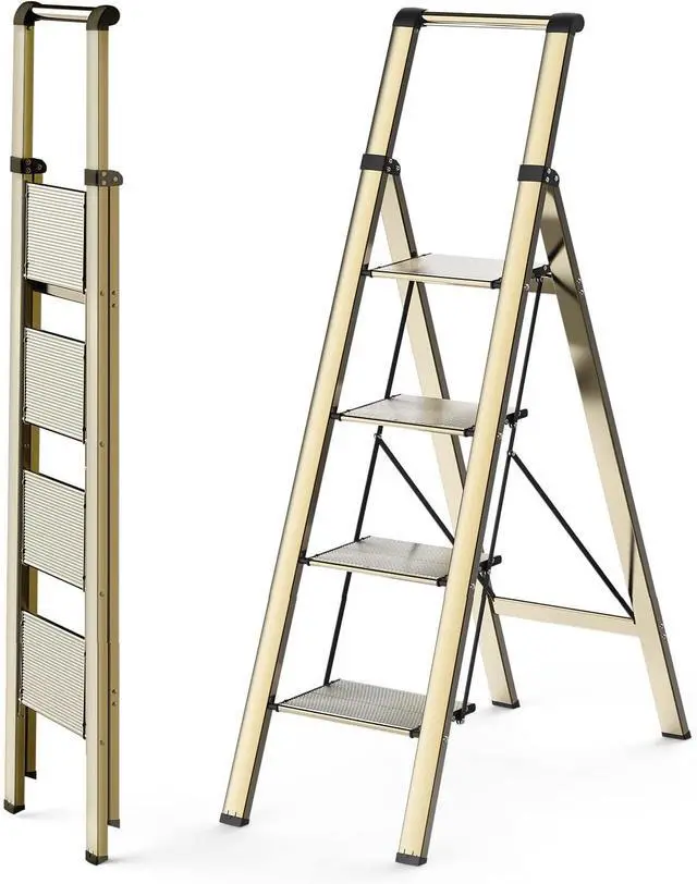 Main image of 4 Step Ladder, Ladders for Home, Anti-Slip Pedals, Anum Stool Foldable, Lightweight to Move, Ease of Storage, Reach 9ft Closet Kitchen Library, Hold 300lbs - Gold by DT