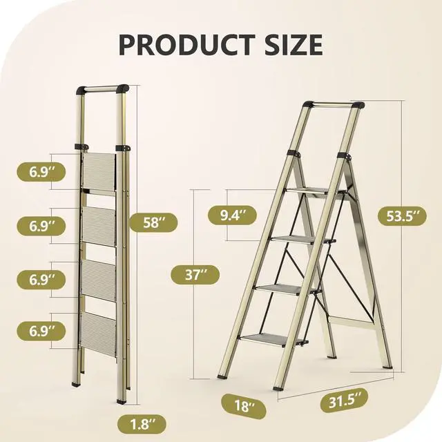 Alt view image 2 of 7 - 4 Step Ladder, Ladders for Home, Anti-Slip Pedals, Anum Stool Foldable, Lightweight to Move, Ease of Storage, Reach 9ft Closet Kitchen Library, Hold 300lbs - Gold by DT