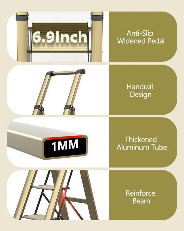 Alt view image 5 of 7 - 4 Step Ladder, Ladders for Home, Anti-Slip Pedals, Anum Stool Foldable, Lightweight to Move, Ease of Storage, Reach 9ft Closet Kitchen Library, Hold 300lbs - Gold by DT