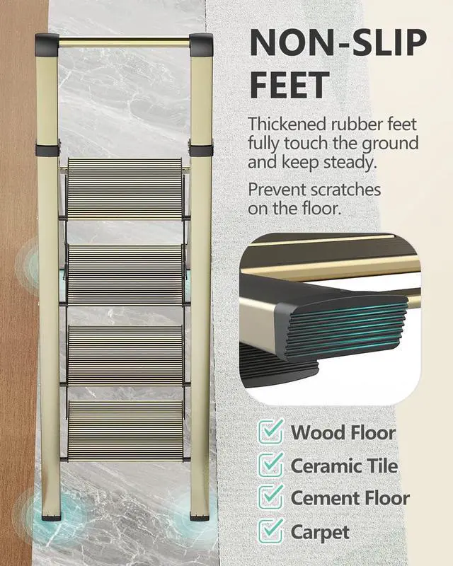 Alt view image 6 of 7 - 4 Step Ladder, Ladders for Home, Anti-Slip Pedals, Anum Stool Foldable, Lightweight to Move, Ease of Storage, Reach 9ft Closet Kitchen Library, Hold 300lbs - Gold by DT