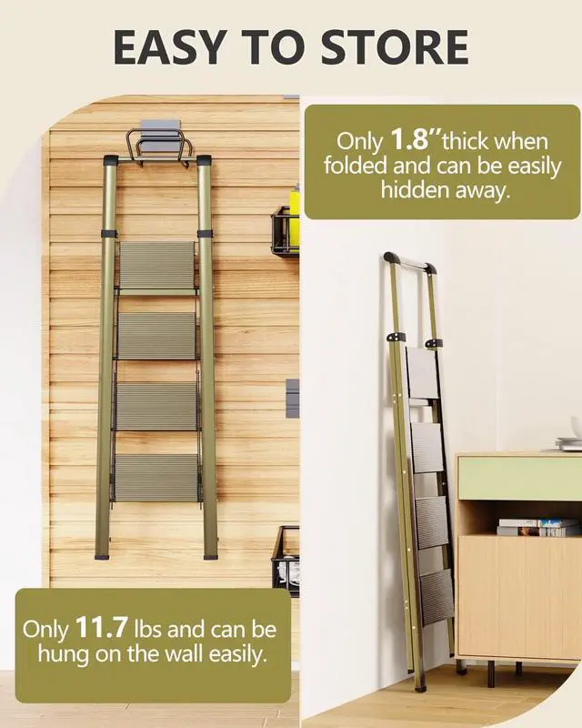 Alt view image 7 of 7 - 4 Step Ladder, Ladders for Home, Anti-Slip Pedals, Anum Stool Foldable, Lightweight to Move, Ease of Storage, Reach 9ft Closet Kitchen Library, Hold 300lbs - Gold by DT