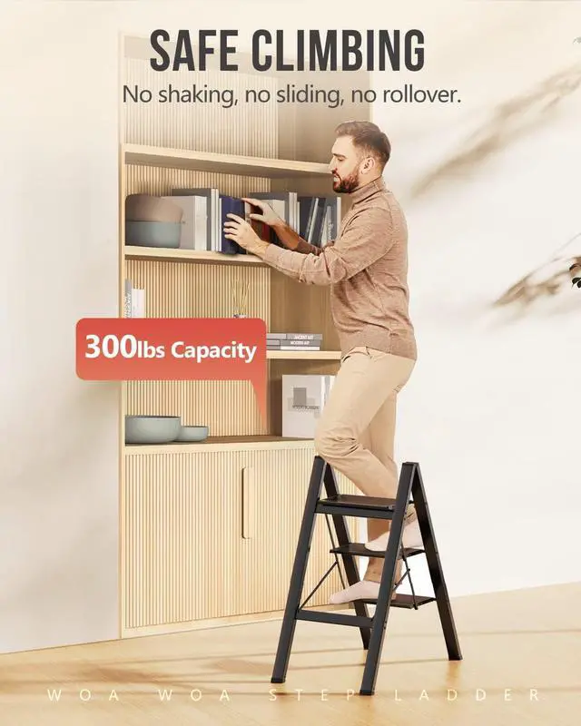 Alt view image 3 of 7 - 3 Step Ladder, Foldable Stool, Anum Lightweight Ladder for Home Kitchen Closet, Anti-Slip Pedals, Ease of Folding, Portable, 300lbs Capacity - Black by DT