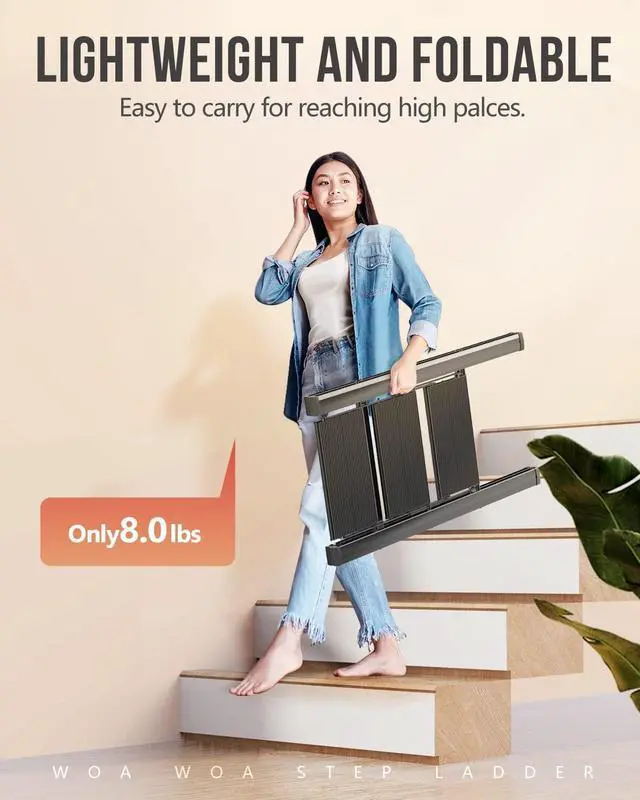 Alt view image 2 of 7 - 3 Step Ladder, Foldable Stool, Anum Lightweight Ladder for Home Kitchen Closet, Anti-Slip Pedals, Ease of Folding, Portable, 300lbs Capacity - Black by DT