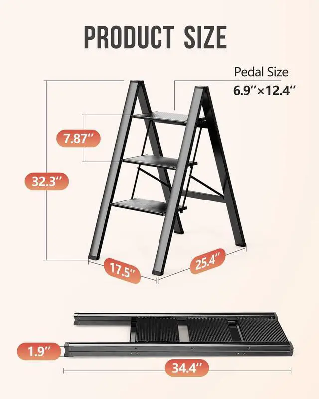 Alt view image 6 of 7 - 3 Step Ladder, Foldable Stool, Anum Lightweight Ladder for Home Kitchen Closet, Anti-Slip Pedals, Ease of Folding, Portable, 300lbs Capacity - Black by DT