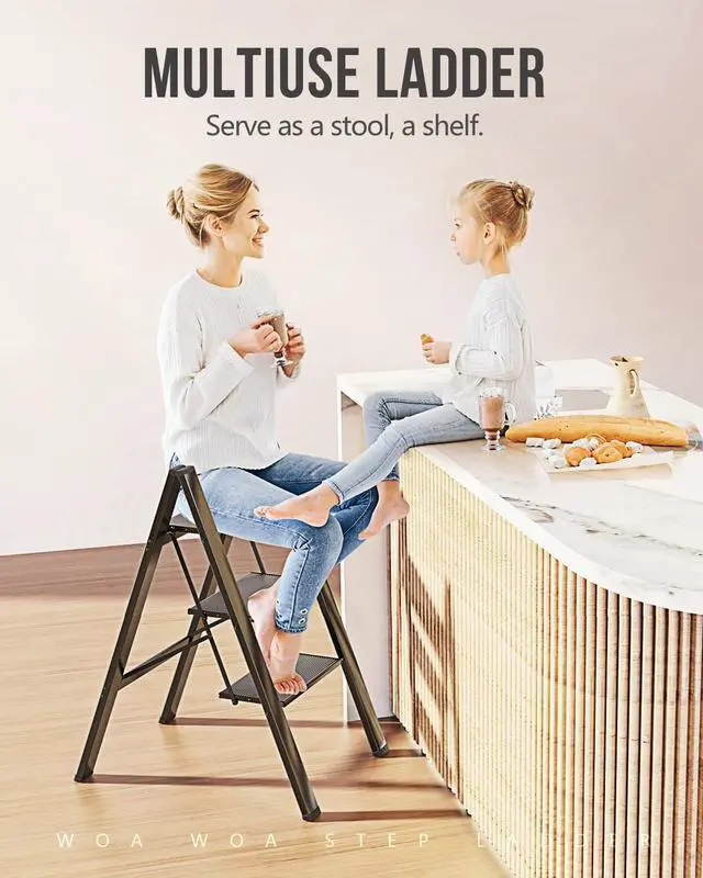 Alt view image 7 of 7 - 3 Step Ladder, Foldable Stool, Anum Lightweight Ladder for Home Kitchen Closet, Anti-Slip Pedals, Ease of Folding, Portable, 300lbs Capacity - Black by DT