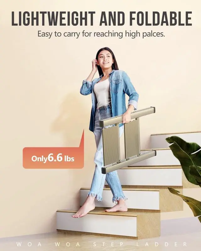 Alt view image 2 of 7 - 2 Step Ladder, Foldable Stool, Anum Lightweight Ladder for Home Kitchen Closet, Anti-Slip Pedals, Ease of Folding, Portable, 300lbs Capacity - Gold by DT