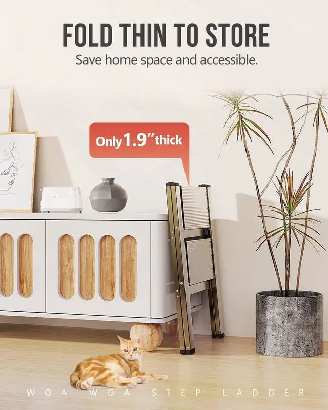 Alt view image 3 of 7 - 2 Step Ladder, Foldable Stool, Anum Lightweight Ladder for Home Kitchen Closet, Anti-Slip Pedals, Ease of Folding, Portable, 300lbs Capacity - Gold by DT