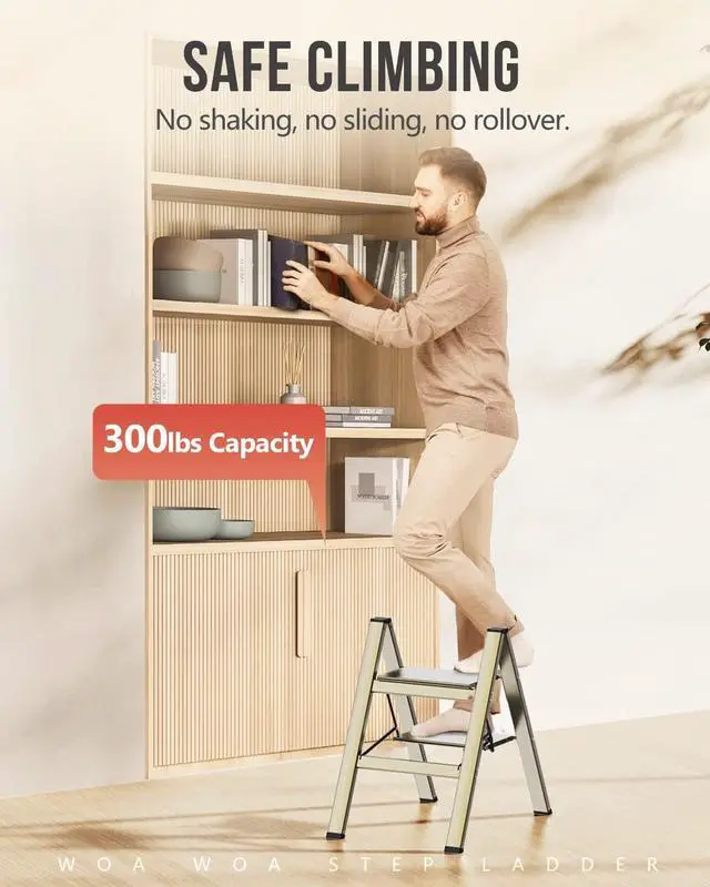 Alt view image 4 of 7 - 2 Step Ladder, Foldable Stool, Anum Lightweight Ladder for Home Kitchen Closet, Anti-Slip Pedals, Ease of Folding, Portable, 300lbs Capacity - Gold by DT