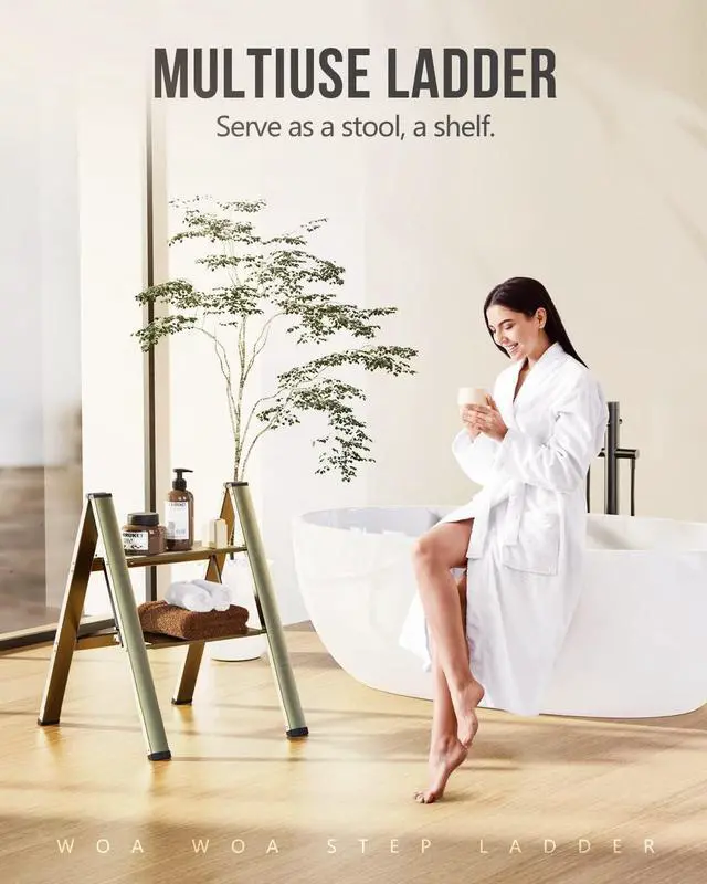 Alt view image 7 of 7 - 2 Step Ladder, Foldable Stool, Anum Lightweight Ladder for Home Kitchen Closet, Anti-Slip Pedals, Ease of Folding, Portable, 300lbs Capacity - Gold by DT