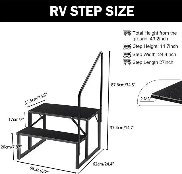 Alt view image 3 of 6 - RV Steps with Handrail, Hot Tub Handrail 2 Step Ladder, Stairs 660 lbs Load Capacity Anti-Slip Panel, Camper for Spa, Travel Trailers, Home and Porch(1 handrail) by DT