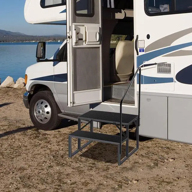 Alt view image 4 of 6 - RV Steps with Handrail, Hot Tub Handrail 2 Step Ladder, Stairs 660 lbs Load Capacity Anti-Slip Panel, Camper for Spa, Travel Trailers, Home and Porch(1 handrail) by DT
