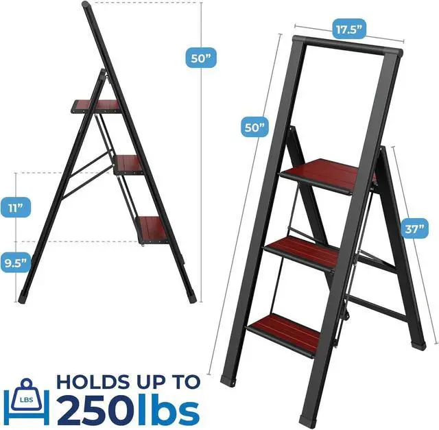 Alt view image 2 of 7 - Step Ladder 3 Folding, Decorative - Beautiful Mahogany & Black Anum, Ultra Slim Profile, Anti Slip Steps, Sturdy-Portable for Home, Office, Kitchen, Photography Use,by by DT