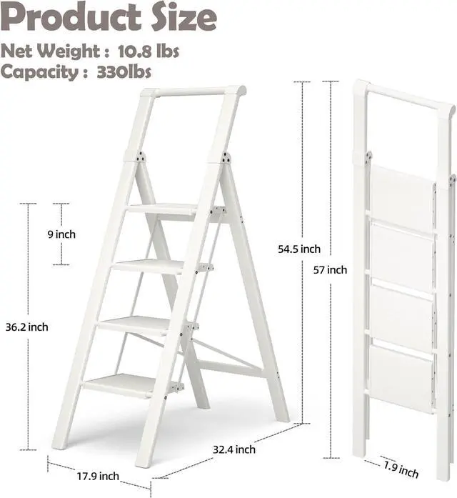 Alt view image 2 of 7 - 4 Step Foldable Anum Ladder with Handgrip, Anti-Slip Pedal, 330 lbs Capacity, Lightweight & Portable for Home, Kitchen, Office, Garage (White) by DT