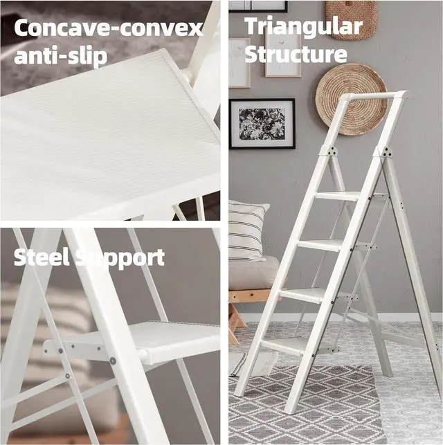 Alt view image 4 of 7 - 4 Step Foldable Anum Ladder with Handgrip, Anti-Slip Pedal, 330 lbs Capacity, Lightweight & Portable for Home, Kitchen, Office, Garage (White) by DT