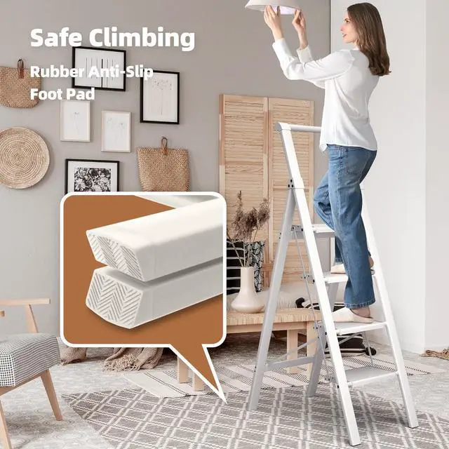 Alt view image 7 of 7 - 4 Step Foldable Anum Ladder with Handgrip, Anti-Slip Pedal, 330 lbs Capacity, Lightweight & Portable for Home, Kitchen, Office, Garage (White) by DT