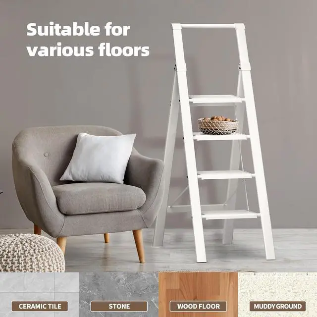 Alt view image 6 of 7 - 4 Step Foldable Anum Ladder with Handgrip, Anti-Slip Pedal, 330 lbs Capacity, Lightweight & Portable for Home, Kitchen, Office, Garage (White) by DT