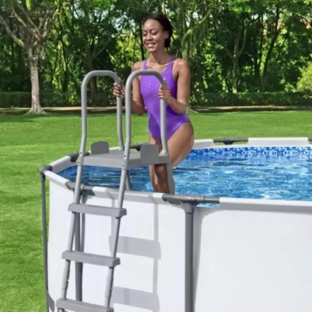 Alt view image 5 of 7 - Flowclear 52 Inch Versatile Metal A Frame Above Ground Swimming Pool Ladder with Heavy Duty Plastic Double Sided Steps by DT