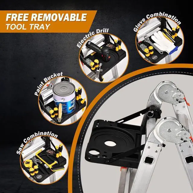 Alt view image 3 of 7 - Ladder, A Frame 4 Step Extension 14.5 Ft with Multi Position & Removable Tool Tray Stabilizer Bar, 330 lbs Weight Rating Telescoping La dder for Household or Outdoor Work by DT